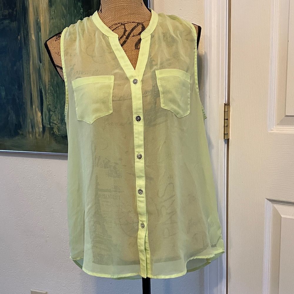Guess translucent see through buttoned lemon lime colored sleeveless Summer top